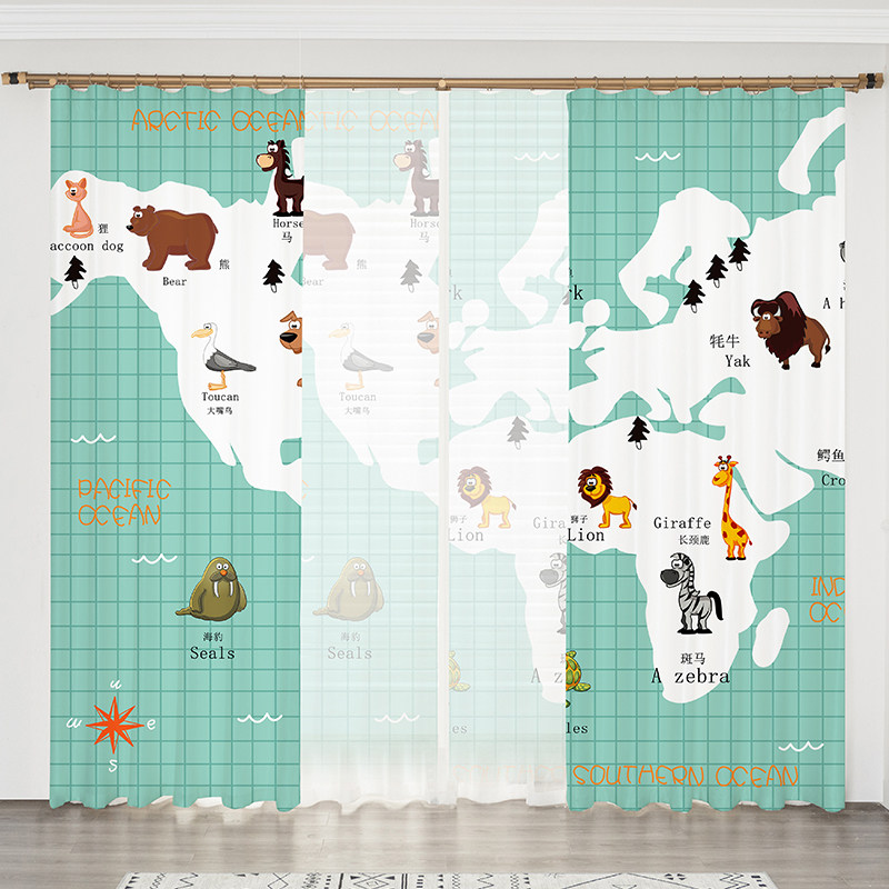 定制创意卡通地图儿童房男孩卧室书房学校教室早教中心遮光窗帘布