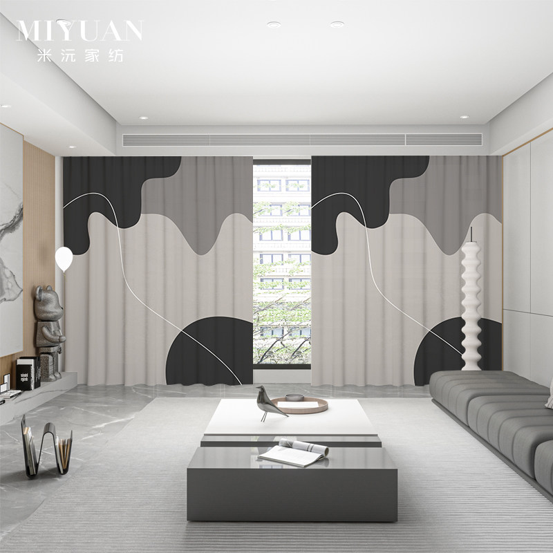 北欧现代素色黑白轻奢卧室客厅黑白艺术格子纹理美术线条定制窗帘