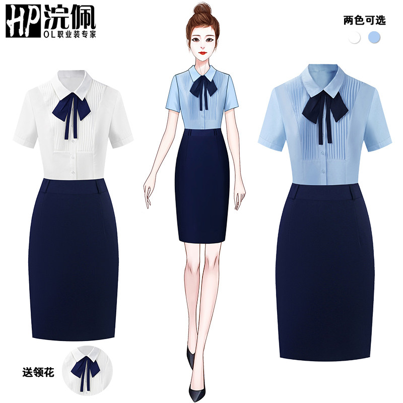 气质职业蓝色衬衫女上衣空姐蝴蝶结营业厅前台导购工作服套装夏季