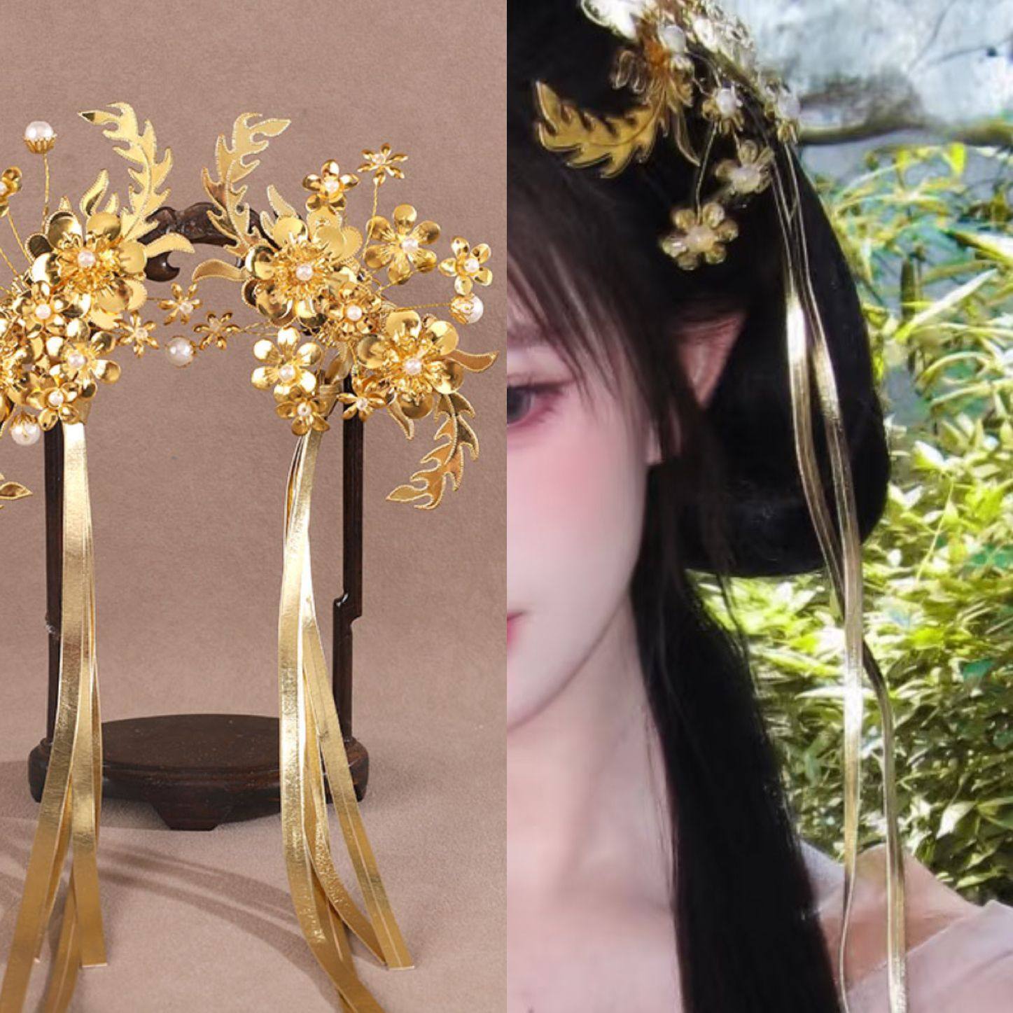 虞姬金色银色富贵流苏发夹古风