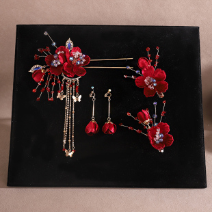 古风新款红色发钗敬酒结婚头饰新娘中式发夹婚礼绒花秀禾发饰配饰