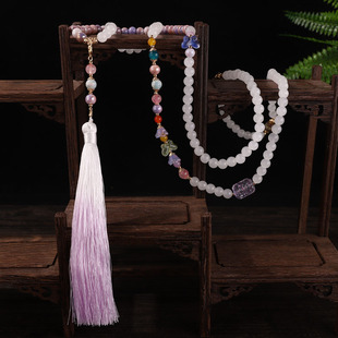 紫色渐变珠光宝气斜挎链仿珍珠新中式蝴蝶串珠旗袍项链叠戴项链