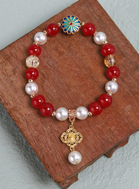 新2024红琉璃手链本命年红色手串仿珍珠转运珠手链送姐妹闺蜜礼物