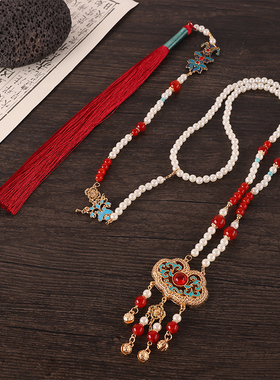 仿珍珠红流苏汉服长项链