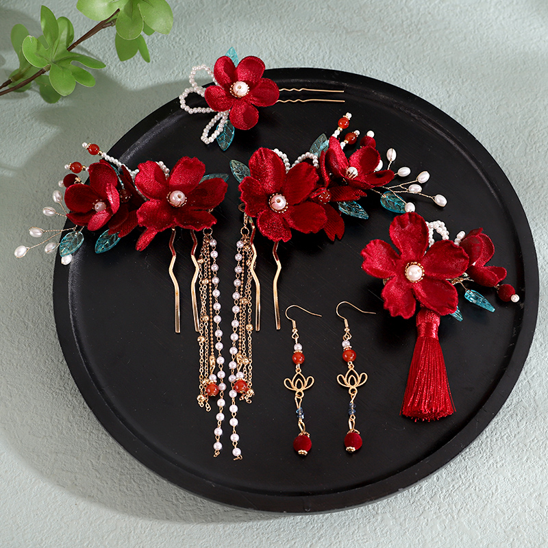 红色绒花新款中式秀禾发饰敬酒