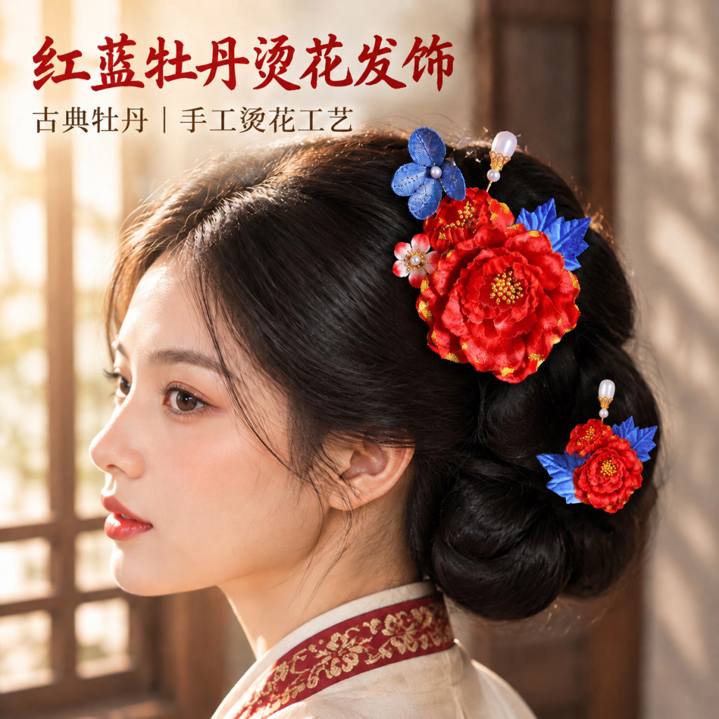 新中式国风红牡丹花新娘发夹