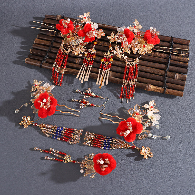 古风秀禾头饰中式新娘红色绒花发饰结婚新款发簪龙凤褂饰品套装