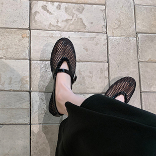 一字扣带圆头平底浅口玛丽珍单鞋 女夏季 真皮镂空网面凉鞋 羊皮版