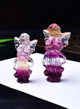 天然彩黄紫萤石天使摆件糖果萤石原石仙女家居客厅办公桌摆设礼物