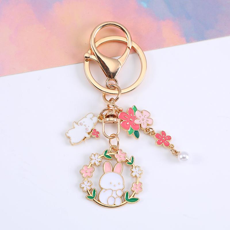 韩版可爱花环兔钥匙扣挂件小清新樱花月亮小兔子挂饰情侣包包装饰