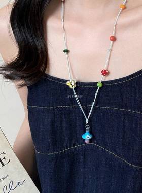 夏日多巴胺蘑菇串珠项链女款2025新款爆款长款甜美挂脖卫衣链配饰