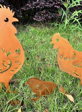 跨境户外装饰金属镂空铁件锈色公鸡一家创意设计花园景观工艺品