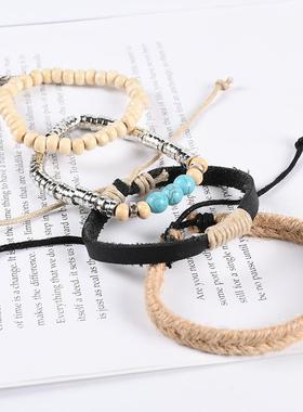 绿松石羽毛挂坠组合多层皮革手饰品休闲韩版时尚皮革手链外贸