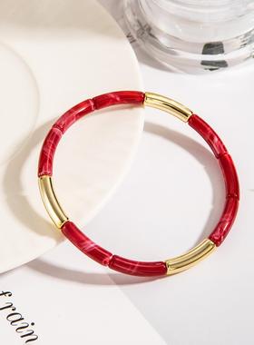 时尚欧美超模风袖口珠串手镯亚克力弯管单色拼色弹力手镯手串