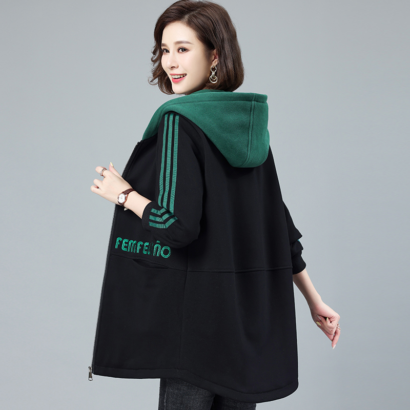 加绒加厚卫衣女中长款开衫春秋冬宽松中年妈妈40岁50连帽风衣外套