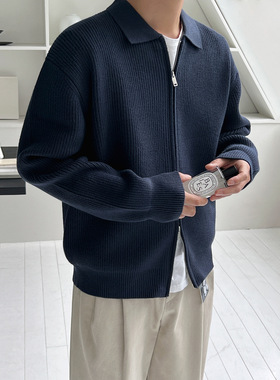 MYQ老钱风翻领毛衣男士秋冬季宽松休闲外套韩系通勤简约针织衫
