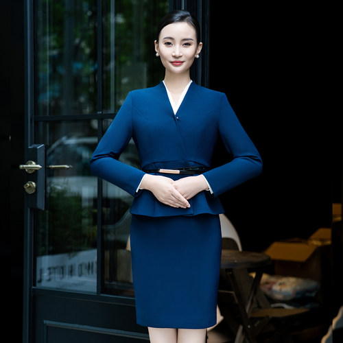 知性淑女风深蓝色长袖职业套装女收腰显年轻工作装