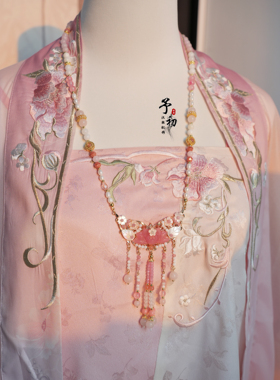 【芙蕖】粉东陵荷花粉晶珍珠流苏华丽长璎珞汉服配饰古风项链