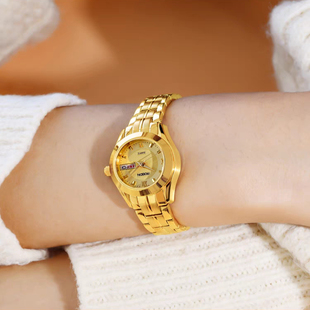 劳士顿手表女高档名牌金表黄金色女士手表石英防水送妈妈母亲礼物
