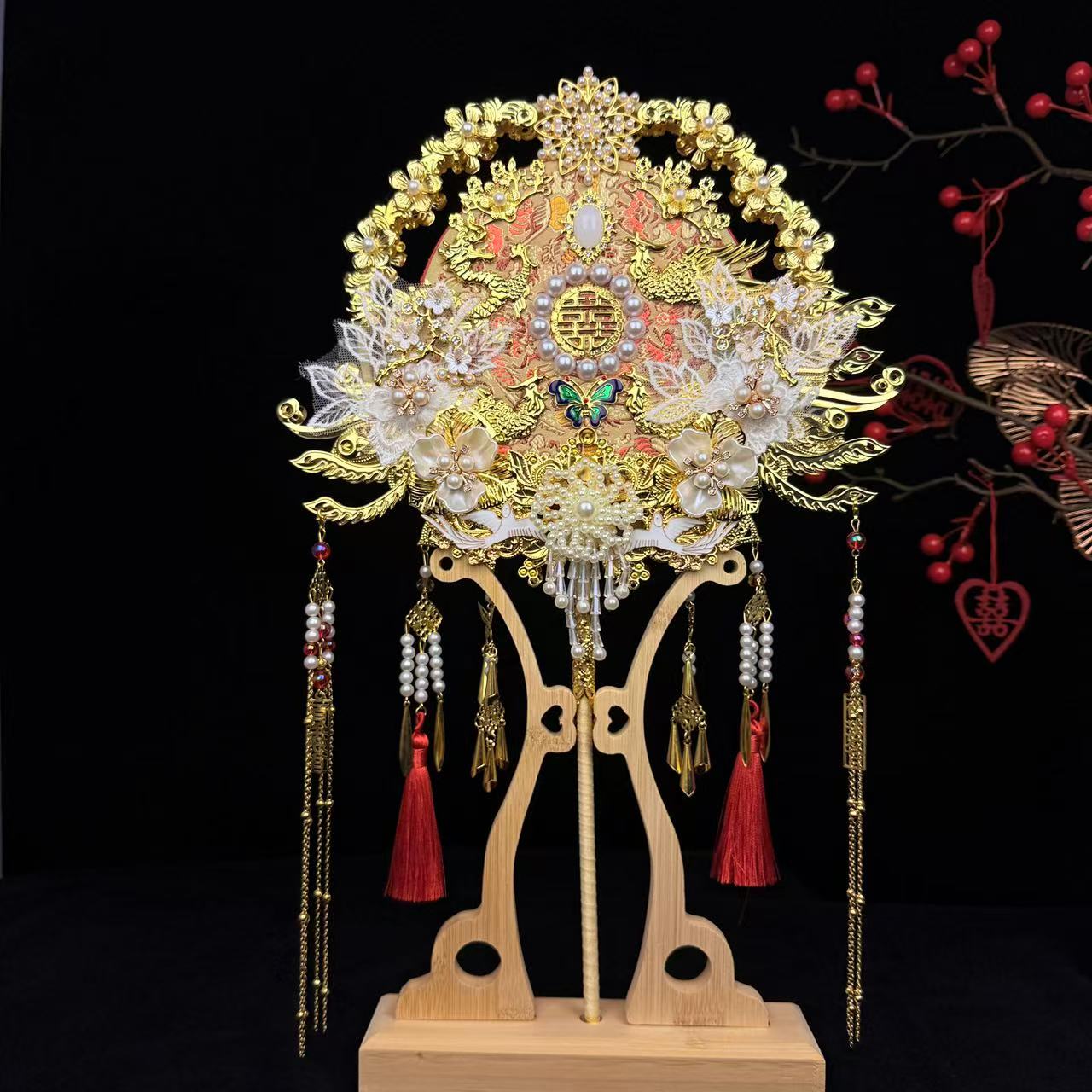 双面团扇新娘结婚高级感中式喜扇手工diy材料包中式婚礼出嫁喜扇