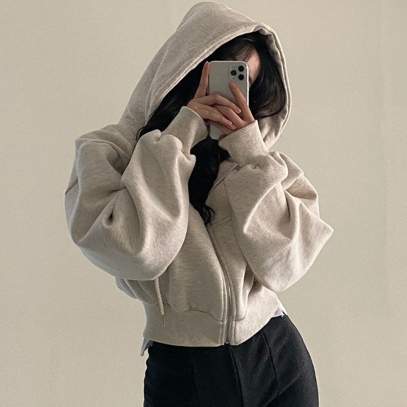 秋冬新品ins加绒百搭时尚短款修身拉链保暖纯色连帽卫衣女