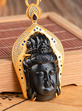 天然正品翡翠A货观音吊坠S925银镶墨玉玉石玉坠高档大气男女款