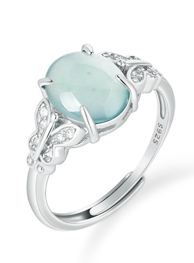 S925银镶嵌天然A货翡翠蓝水蛋面冰种玉石戒指时尚简约女款可调节