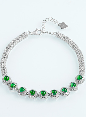 天然A货翡翠阳绿九连珠手链冰种玉石S925银镶女款时尚高档手饰