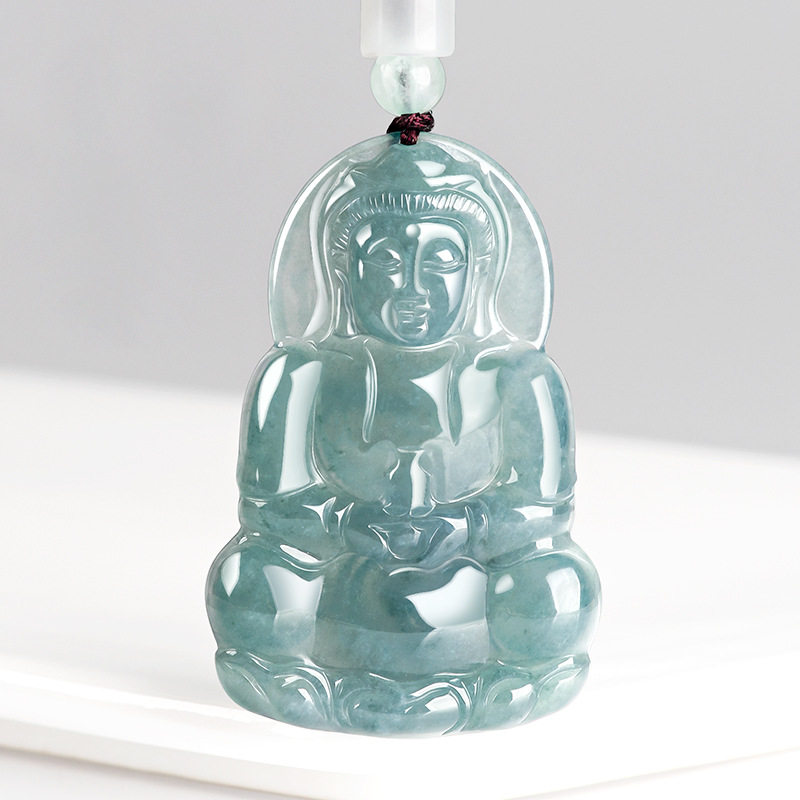 正品天然A货保真翡翠蓝水厚观音吊坠冰种玉石挂坠挂件高端男女款