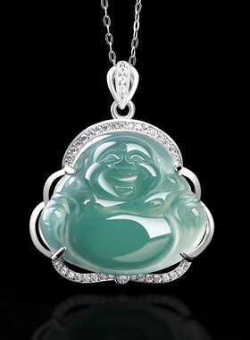 天然A货翡翠蓝水佛公弥勒佛吊坠S925银镶项链冰种玉石挂件女款