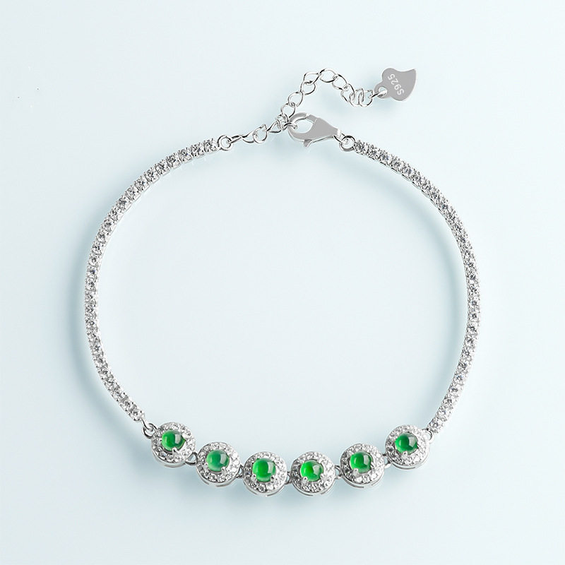 天然正品A货翡翠阳绿手链S925银镶嵌冰种玉石时尚高档女款手饰