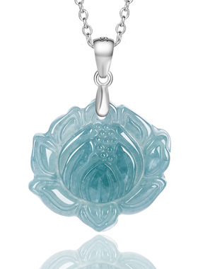 天然A货翡翠蓝水荷花吊坠S925银镶冰种莲花玉石挂件花件女款项链