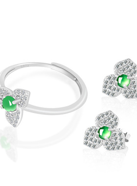 天然A货翡翠花朵阳绿戒指冰种玉石S925银镶时尚指环女款耳钉套装