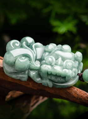 天然正品A货翡翠豆绿如意霸王貔貅豆种玉石吊坠瑞兽皮丘挂饰挂件