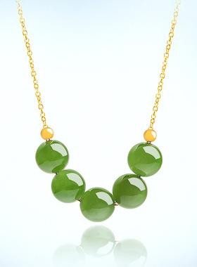 菠菜绿老料和田玉碧玉8mm圆珠锁骨链吊坠S925银天然玉石女款项链