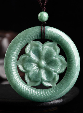 天然a货翡翠牡丹花镂空花开富贵玉环玉石吊坠花件女款毛衣链挂件