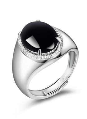 S925银镶天然正品A货翡翠墨翠蛋面戒指冰种玉石指环男戒可调节