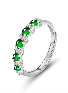 S925银镶嵌天然A货翡翠阳绿冰种玉石戒指时尚男士指环女款可调节