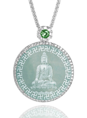 天然a货翡翠蓝水影雕如来佛铜镀银镶冰种玉石吊坠项链挂件男女款