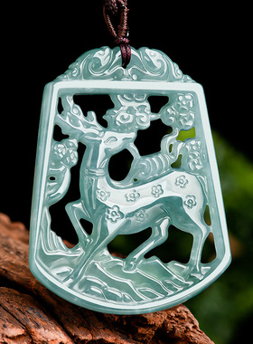 天然A货翡翠蓝水鹿花鹿踏雪寻梅玉石吊坠民族风情侣男女款挂件