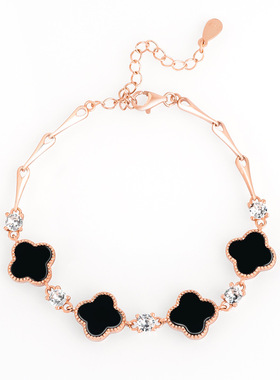 S925银镶嵌天然墨翠A货翡翠墨玉四叶草手链玉石时尚女银链可调节