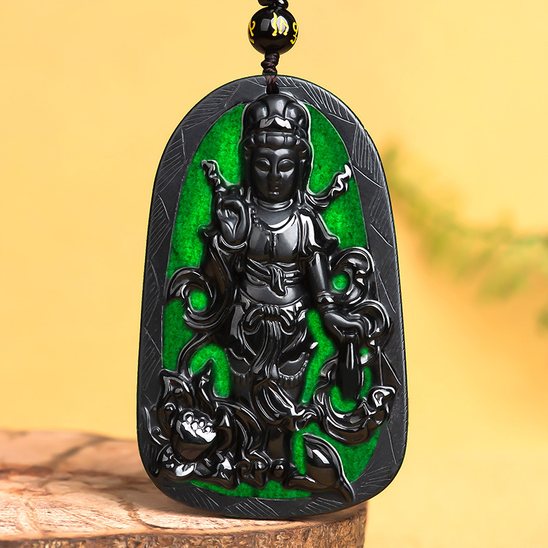 天然正品墨翠a货保真翡翠莲花观音玉石吊坠冰种男女挂件玉佩玉器