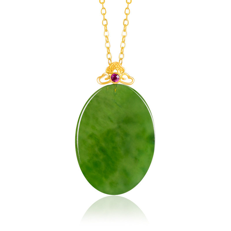 正品和田玉菠菜绿老料天然碧玉椭圆无事牌吊坠18K金项链女款玉石