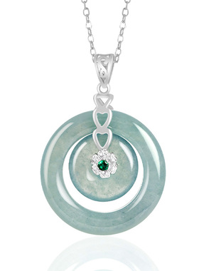 天然a货翡翠蓝水子母平安扣吊坠S925银镶冰种玉石挂件女款玉坠