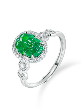 正品S925银天然A货翡翠阳绿貔貅冰种玉石戒指时尚指环女款可调节