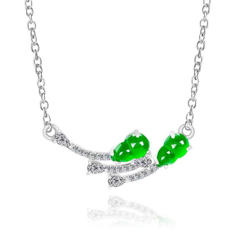 高档天然A货翡翠阳绿葫芦吊坠S925银镶冰种玉石女款时尚挂件套链