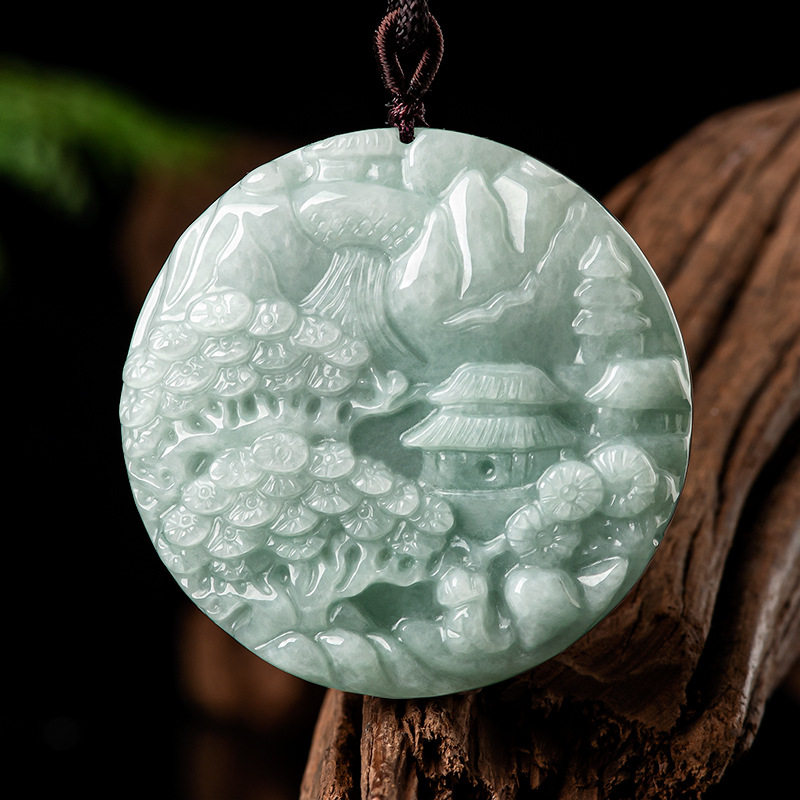 天然正品缅甸a货保真翡翠山水牌糯种玉石吊坠挂件玉佩男女款玉器