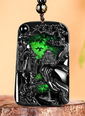 正品天然a货保真翡翠墨翠山水牌玉石吊坠挂件玉佩男女同款玉器