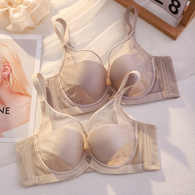 正品牌性感网纱无痕内衣女大胸显小薄款收副乳防下垂软钢圈文胸罩