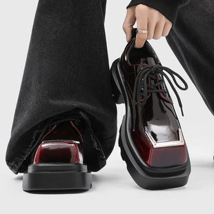 2026新款方头德比鞋男款正装棕色漆皮亮面厚底增高工装鞋通勤皮鞋